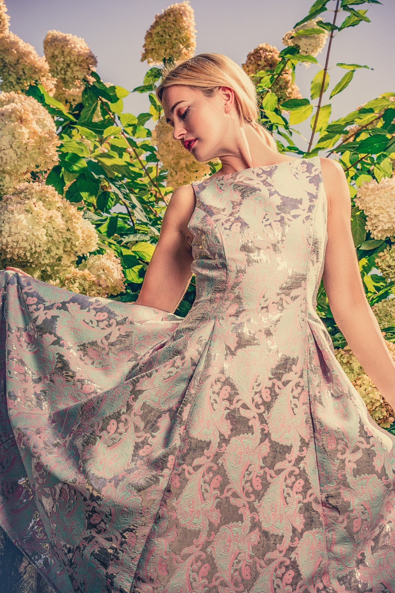 anna nieman designer dress Boston. A fit-and-flare silhouette dress, from Swiss metallic brocade, will create a mood of happy ease during your special occasion.
