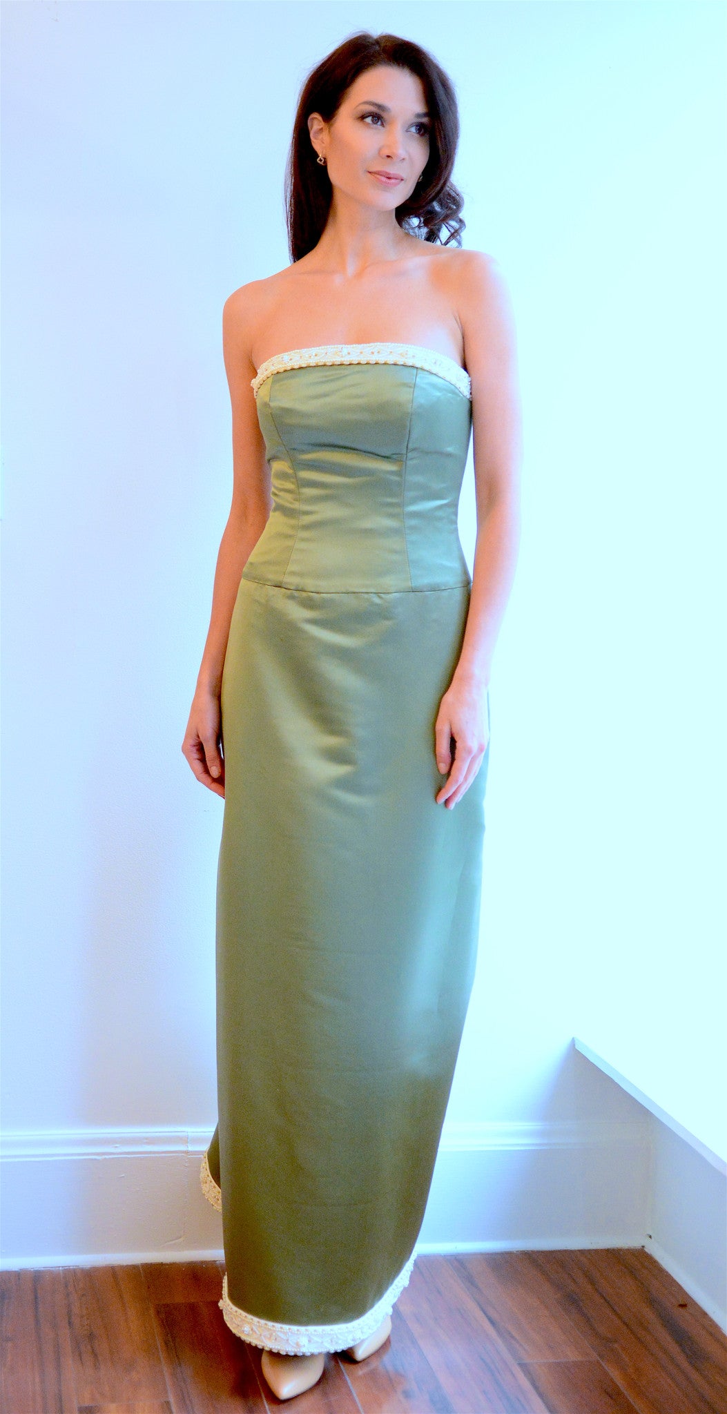 Olive Green Embroidered Satin Gown