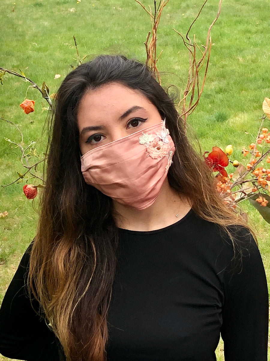 Embroidered Blooming Peach Silk Mask