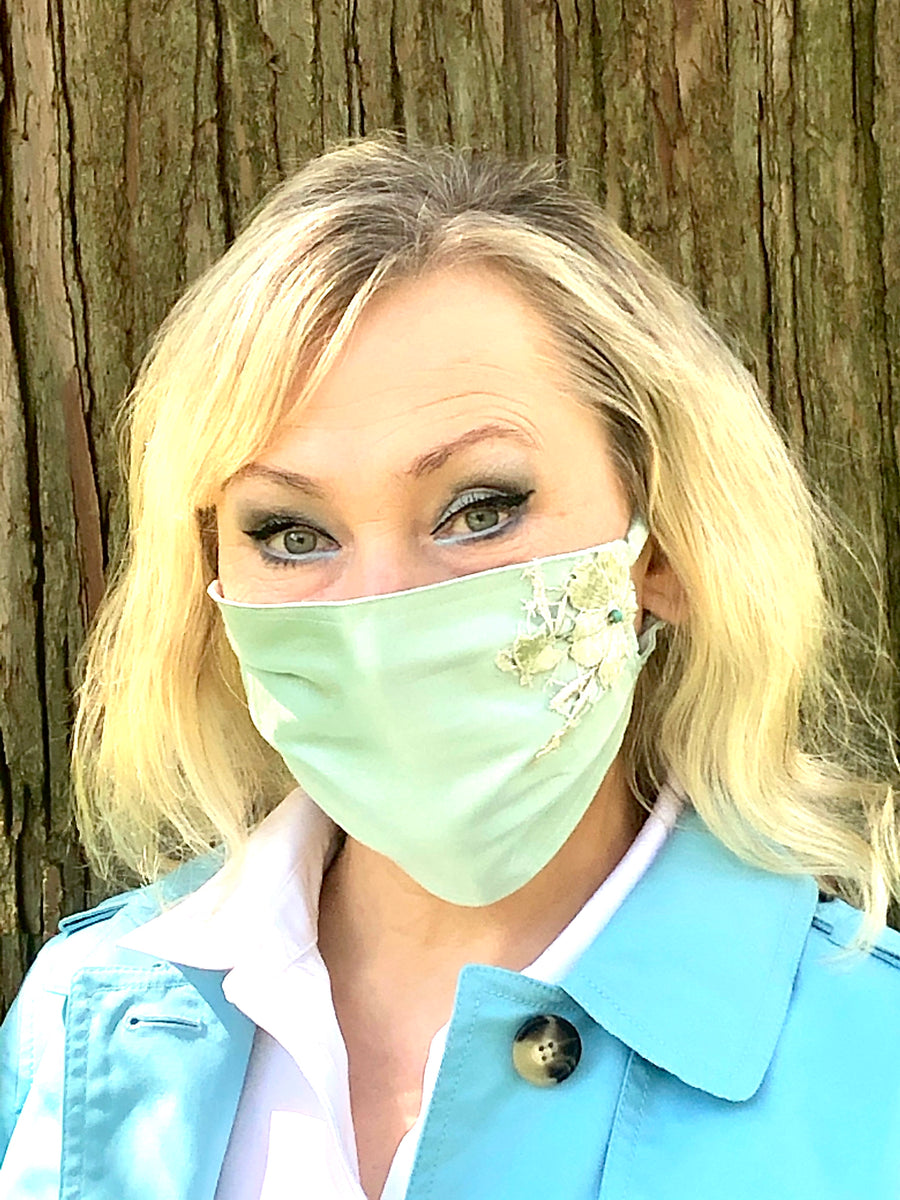 Embroidered Ocean Green Silk Mask
