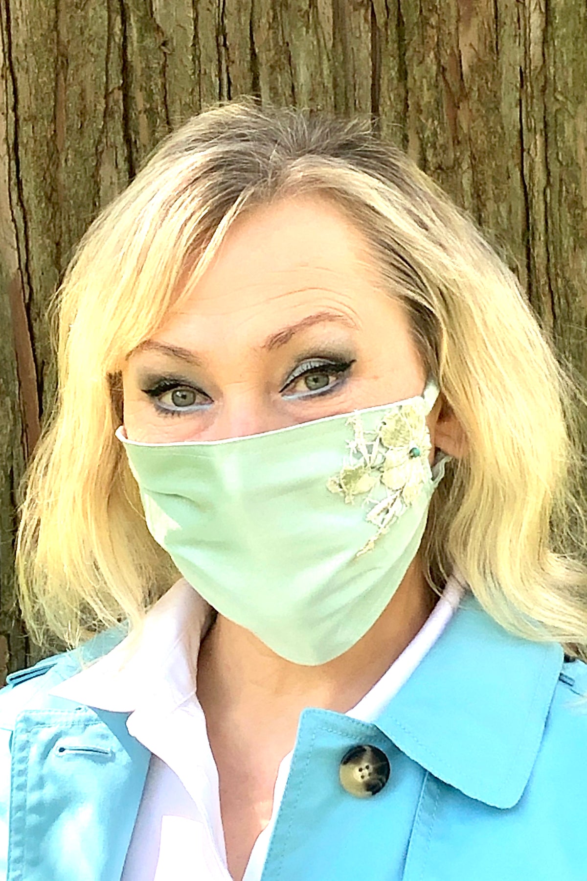 Embroidered Ocean Green Silk Mask