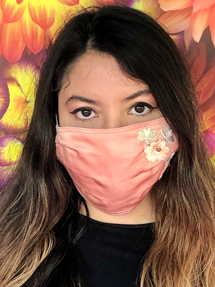 Embroidered Blooming Peach Silk Mask