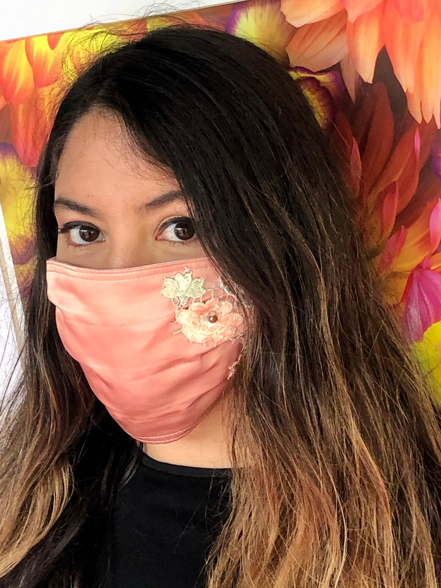 Embroidered Blooming Peach Silk Mask