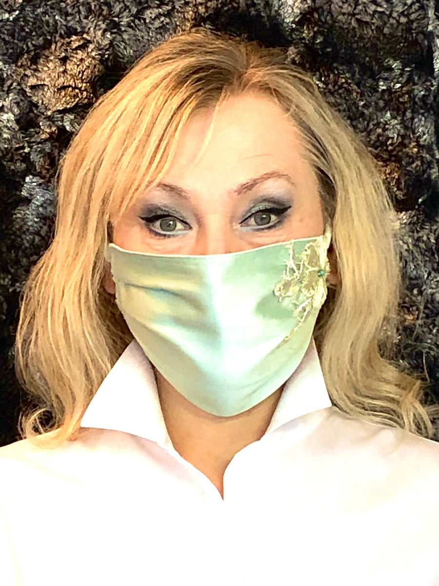 Embroidered Ocean Green Silk Mask