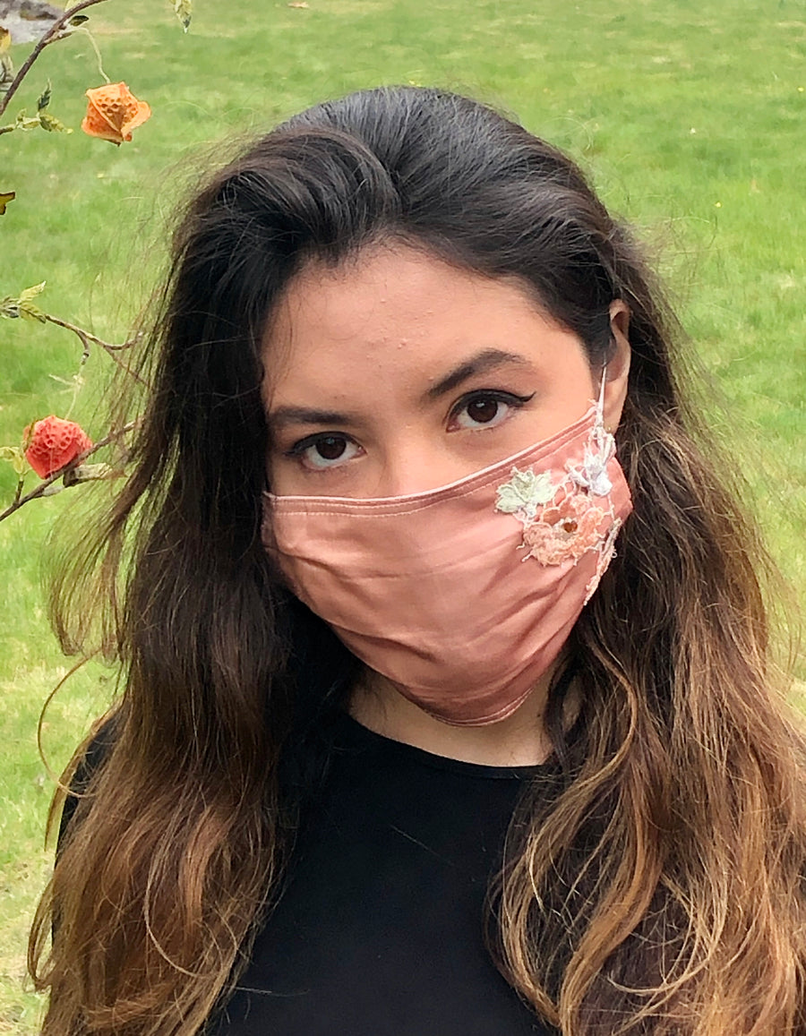 Embroidered Blooming Peach Silk Mask