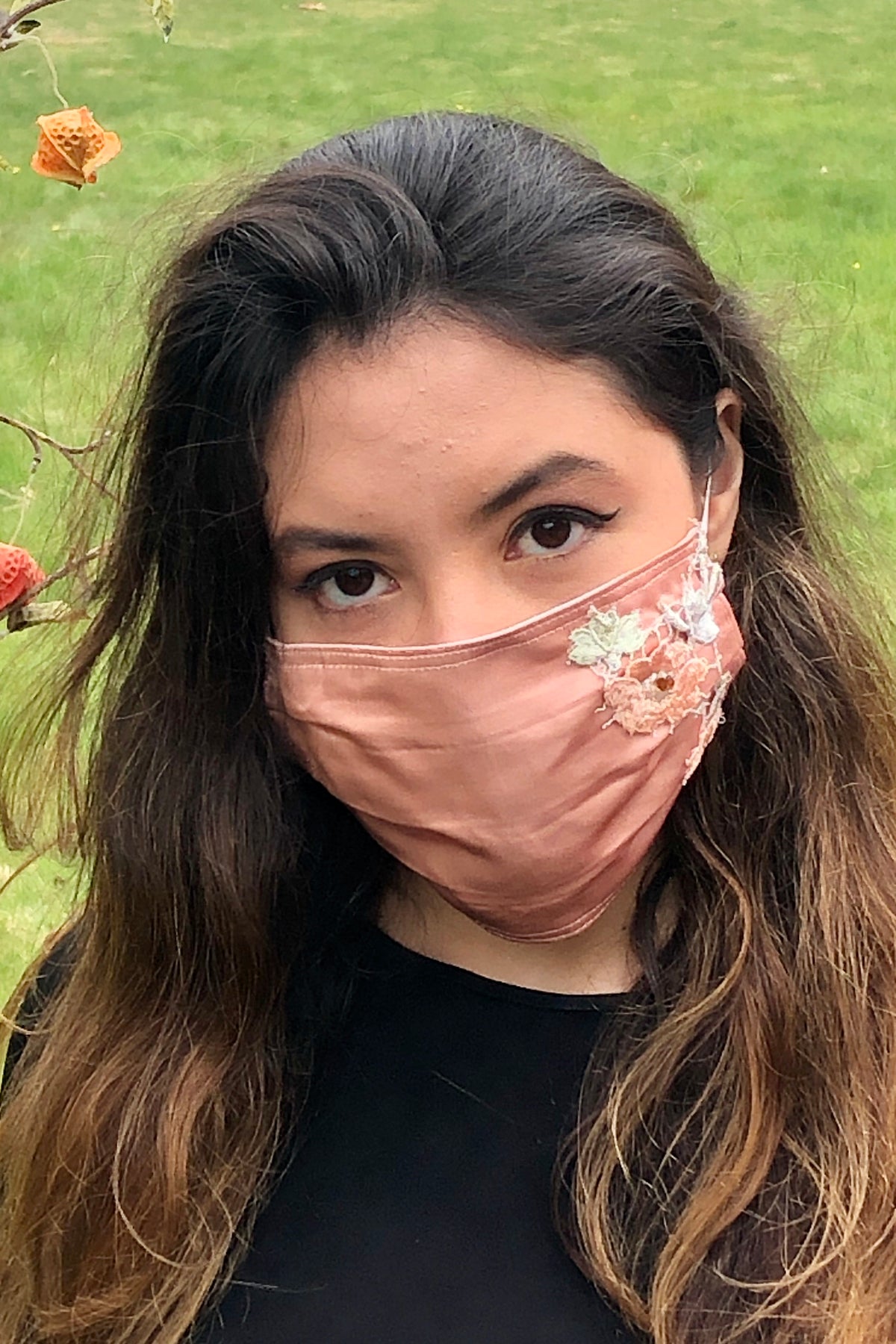 Embroidered Blooming Peach Silk Mask