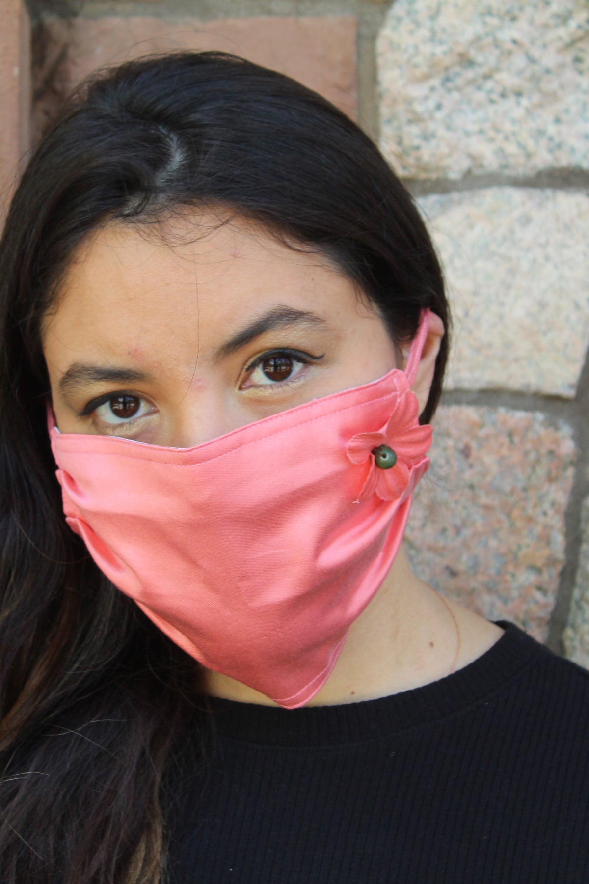 Peach Silk Mask with Removable Flower Broach and Gem Stone
