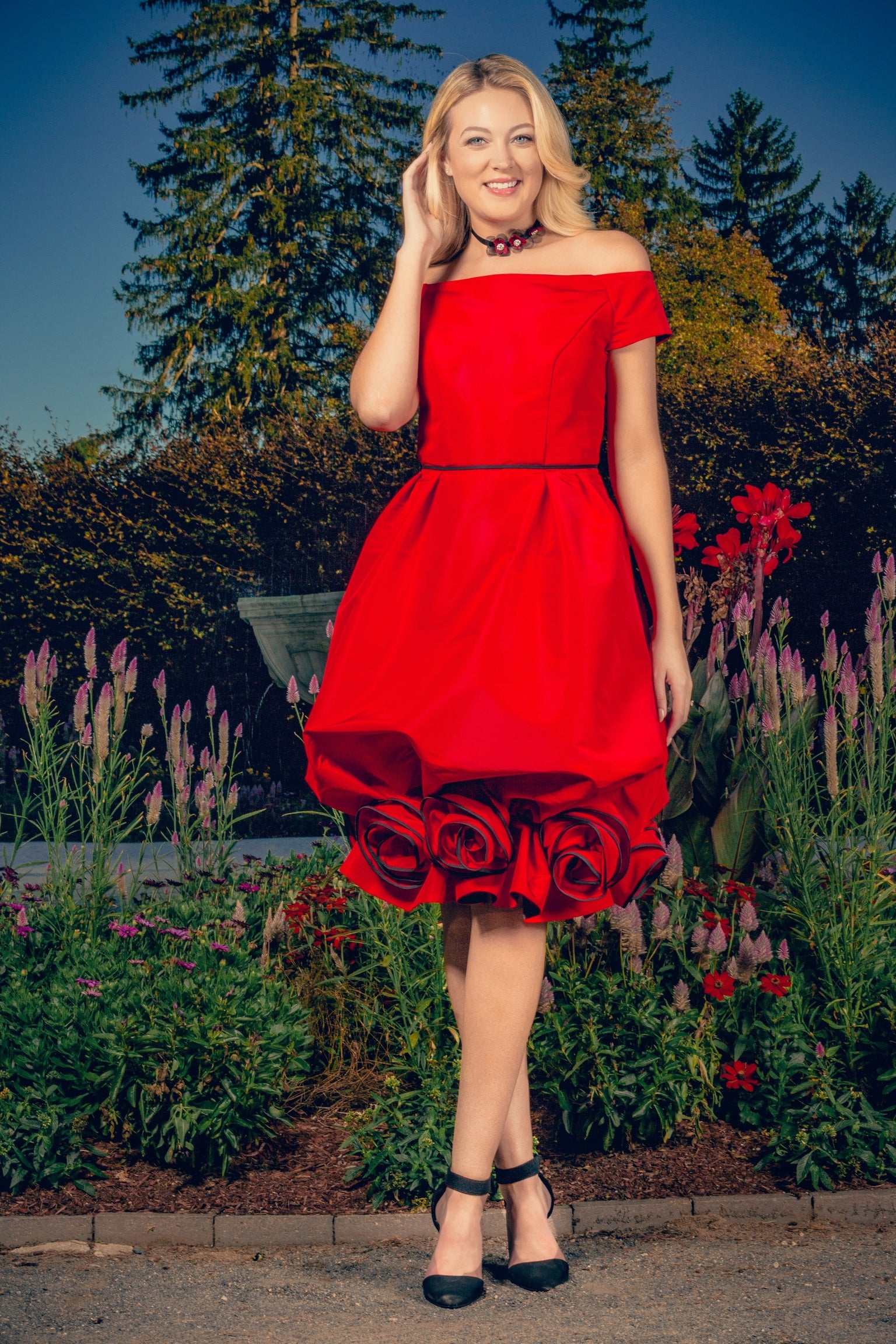 anna nieman designer dress Boston. Everyone's excitement! A rich red off-the-shoulder dress, with the skirt finished with luxurious roses.