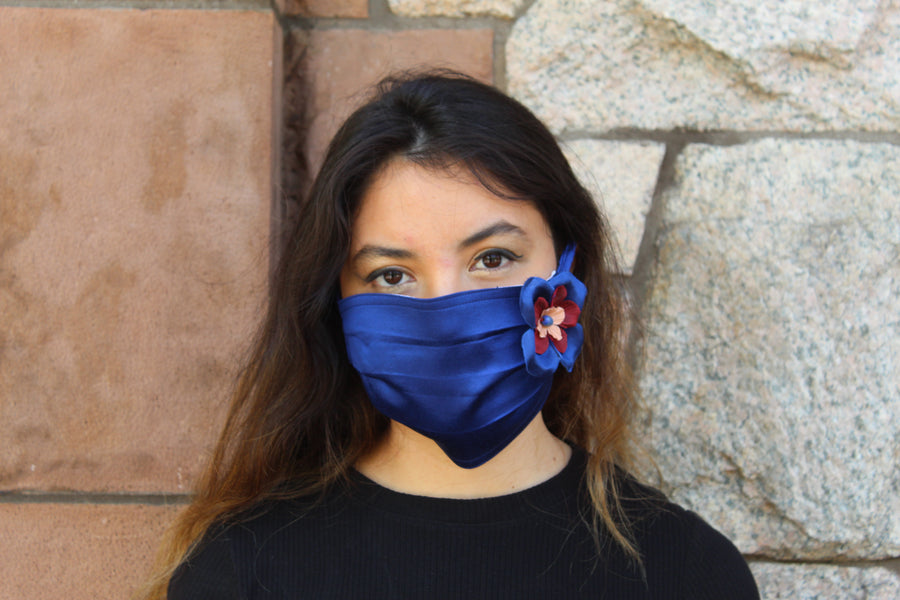 Royal Blue Silk Mask with Removable Flower Broach