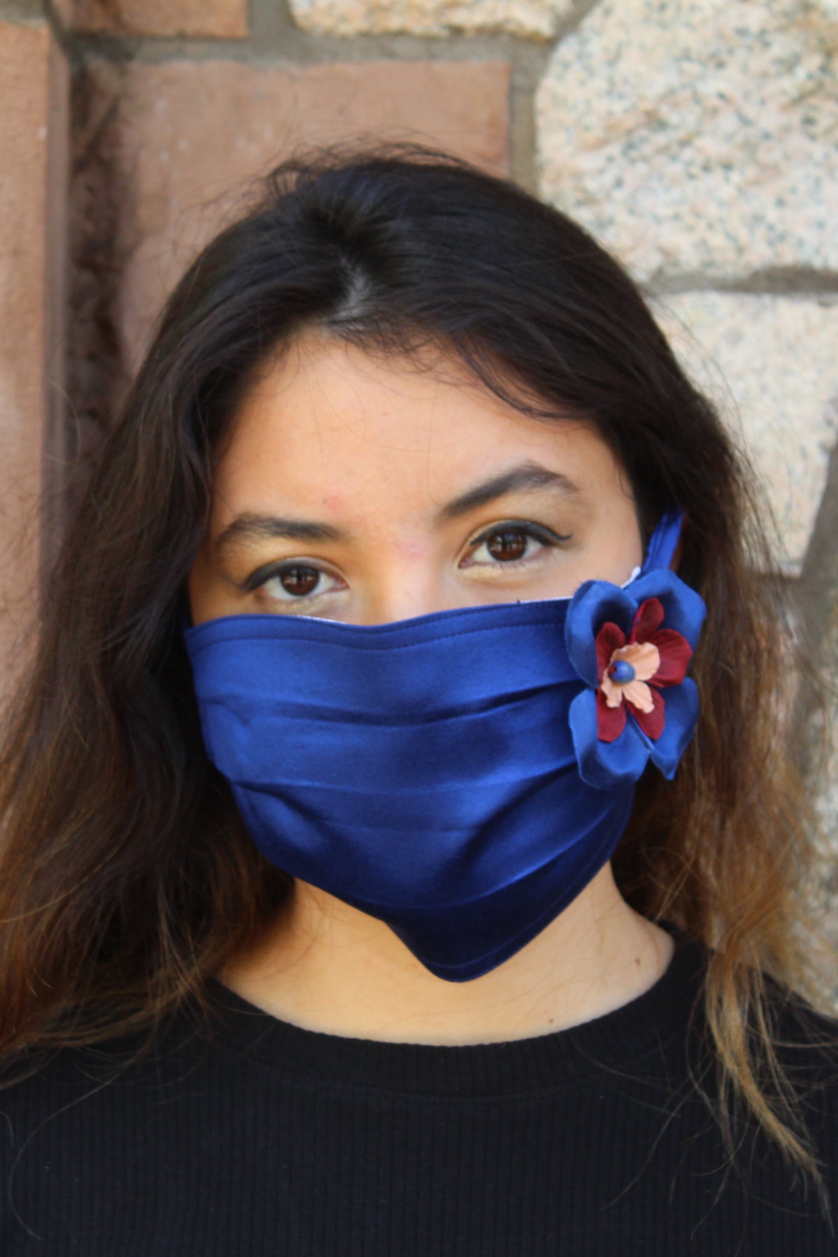 Royal Blue Silk Mask with Removable Flower Broach